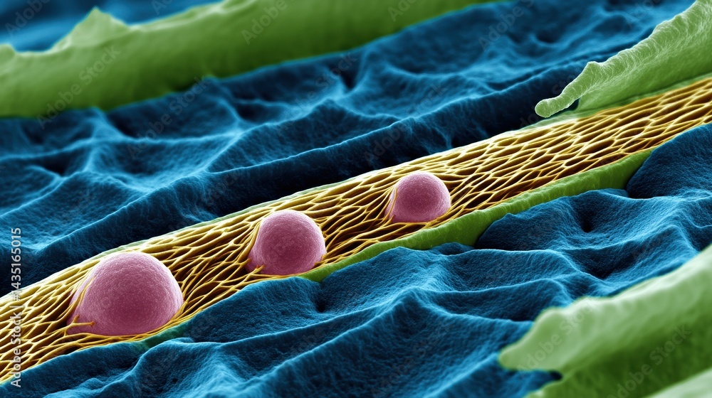 Poster a colorful, microscopic view of cells or particles on a textured surface, showcasing intricate detai