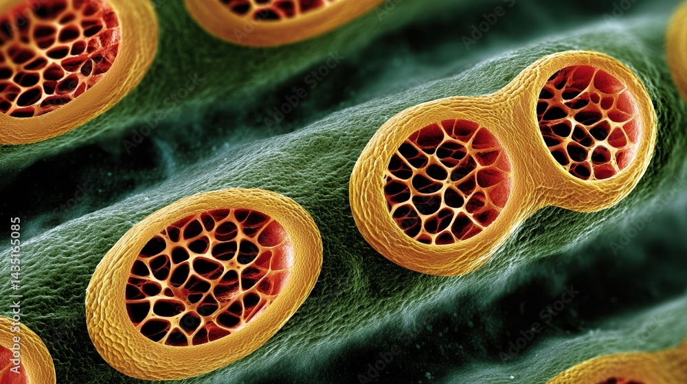 Poster a close-up view of plant cell structures, highlighting intricate details of cell walls and internal 