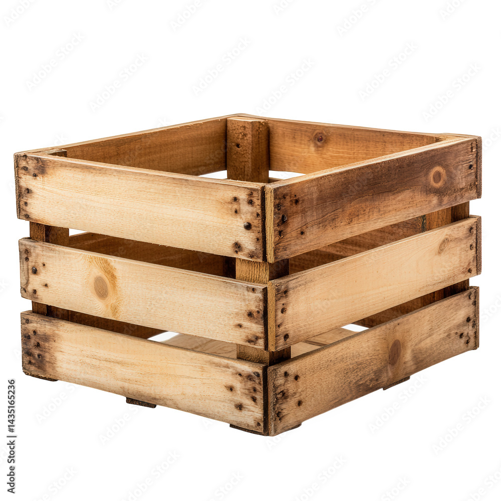 Poster square wooden crate made of light-colored wood with a rustic finish the crate has an open top and sl