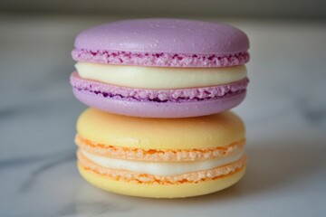 Colorful macarons: purple and yellow french desserts on marble surface