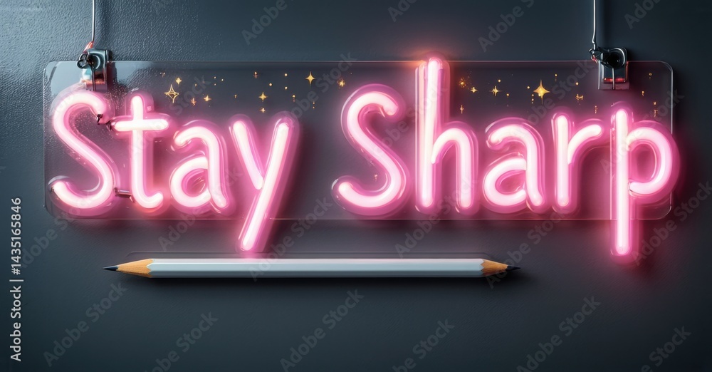 Aufkleber bright pink neon sign displays stay sharp. pencil rests below, creating inspirational visual. dark b