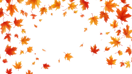 n arrangement of vibrant orange and yellow autumn leaves scattered against a white background. creating a seasonal and festive atmosphere the design is suitable for fall-themed graphics. invitations.