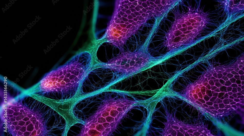 Poster a colorful microscopic view of cellular structures, showcasing intricate patterns and vibrant detail