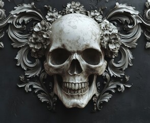 Detailed 3D Render of Ornate Skull with Silver Floral Accents Against Dark Background