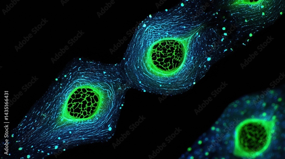 Poster a vibrant, microscopic view of cells highlighted in green against a dark background, showcasing intr