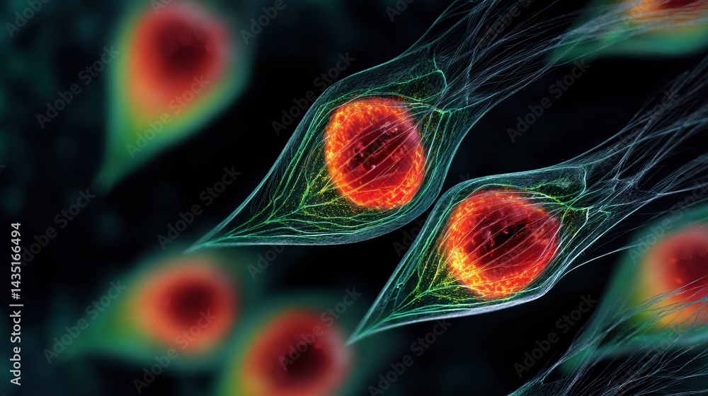 Poster an artistic visualization of cells, showcasing their intricate structures in vibrant colors, represe