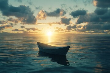 Lonely Paper Boat Drifting in Endless Ocean