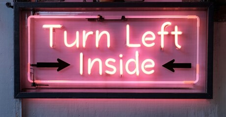 Obraz premium Bright pink neon sign displays directions. Text reads Turn Left Inside with arrows indicating entry point. Simple, direct messaging.