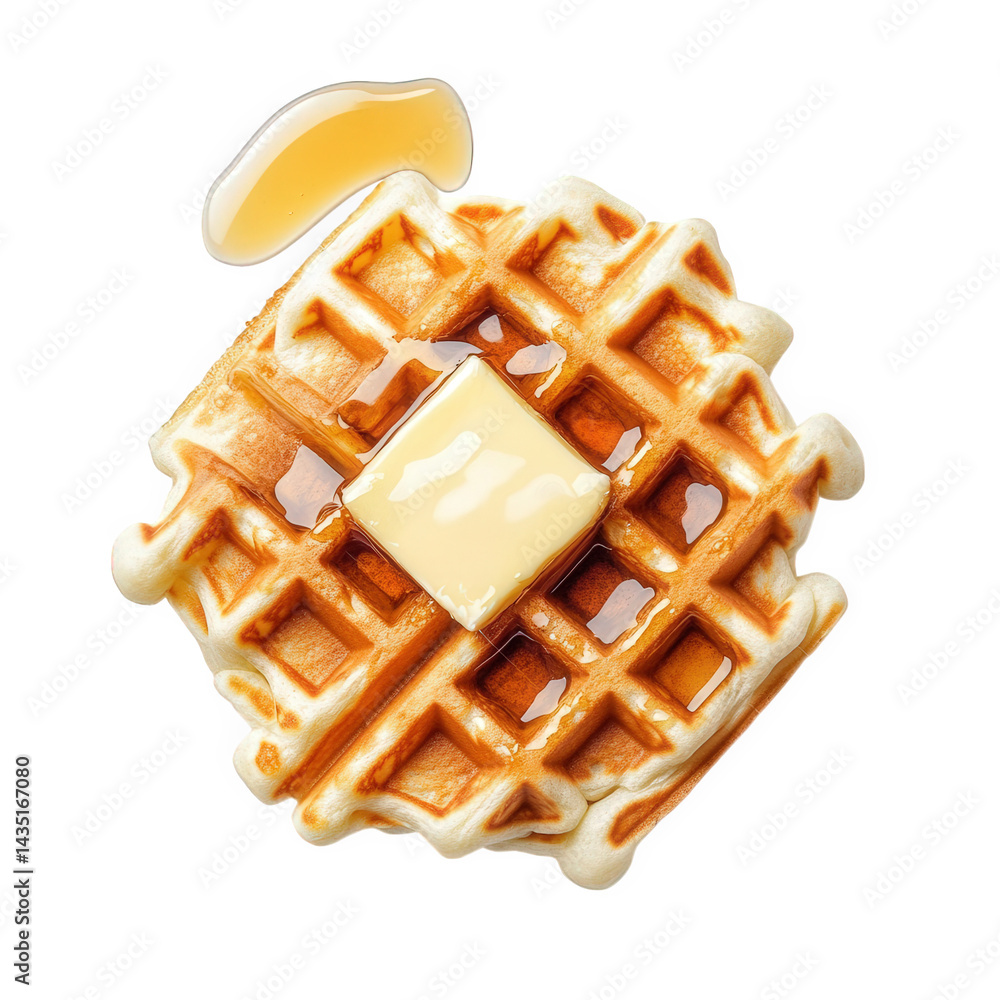 Poster golden-brown waffle topped with a square of butter and a drizzle of syrup. showcasing a delicious br