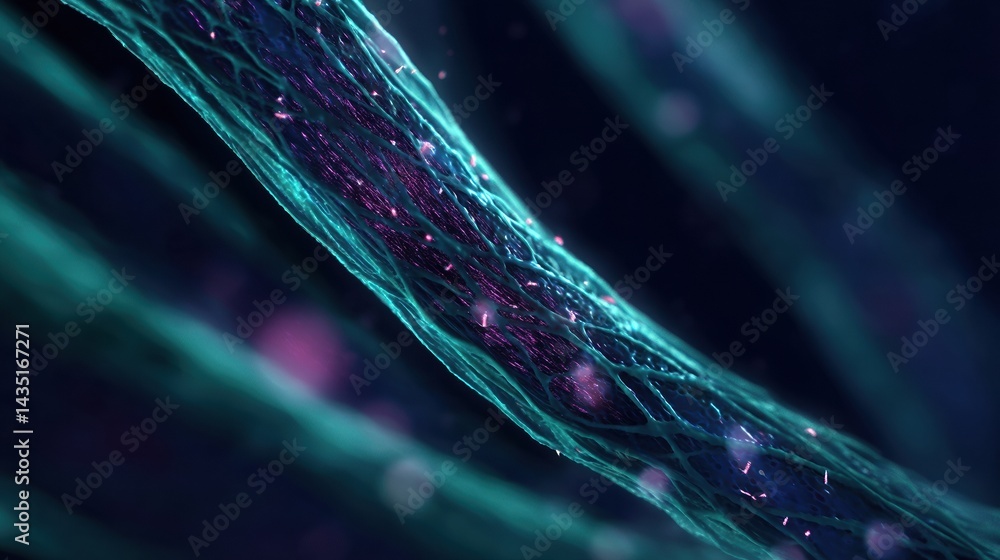 Poster an abstract, colorful image showing intricate strands with glowing effects against a dark background