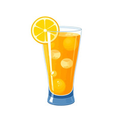 Fresh orange juice illustration with ice cubes and slice for summer drink and healthy beverage concept