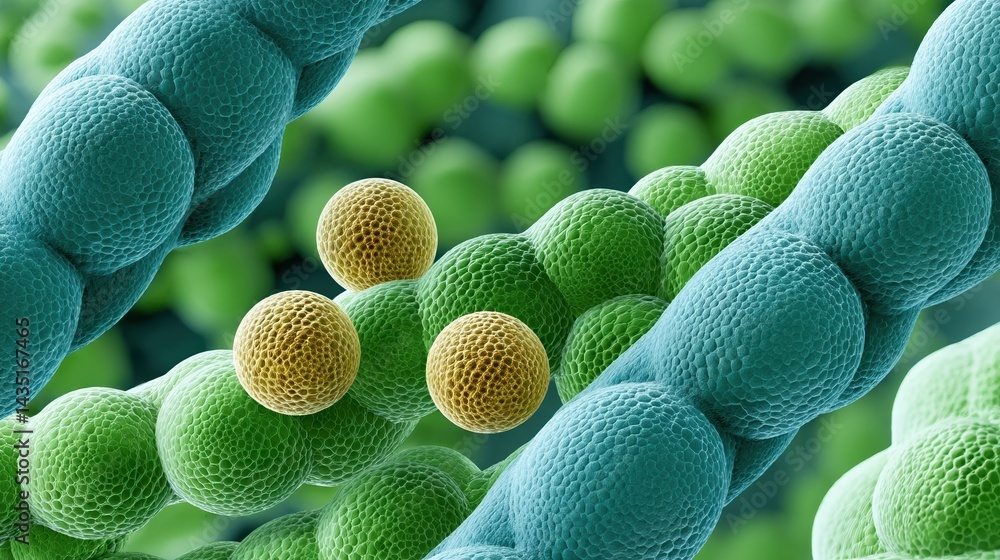 Poster a microscopic view of bacteria, showcasing green and yellow spherical cells interconnected in a comp
