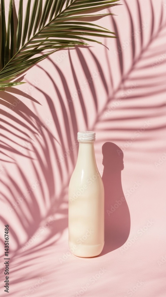 Poster refreshing drink in a bottle with palm leaf shadows on a pink background creating a summer vibe, a c