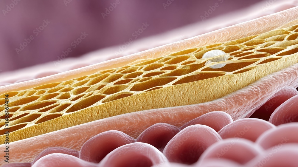 Poster a detailed microscopic view of a blood vessel, showcasing its cellular structure and surrounding com