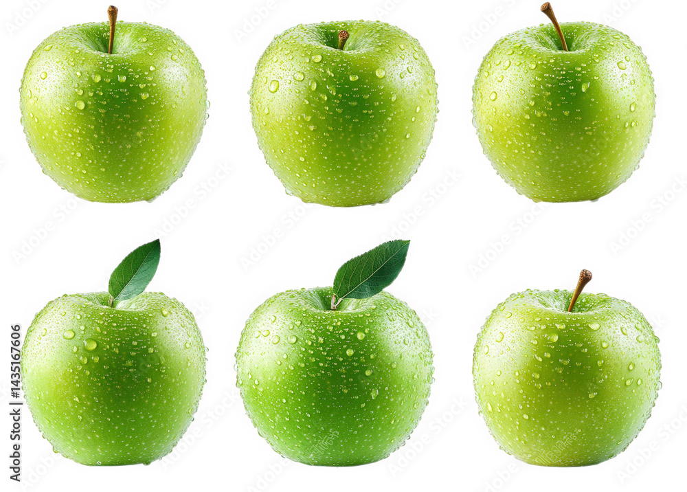 Poster six glossy green apples. each adorned with droplets of water. showcasing their freshness and appeal 