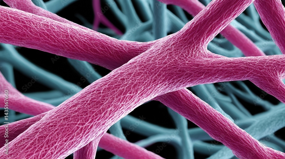 Poster a vibrant microscopic view of interconnected fibers, showcasing a mix of pink and blue structures, e