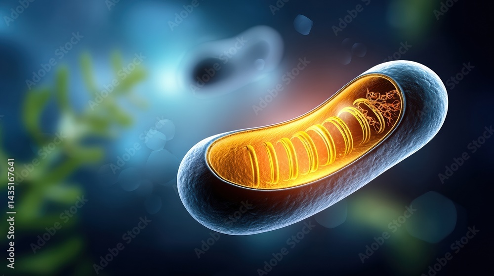 Poster a vibrant illustration of a mitochondrion, showcasing its structure and function within a cellular e