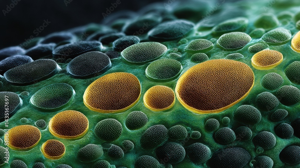 Poster a close-up view of colorful, textured droplets on a green surface, showcasing intricate patterns and
