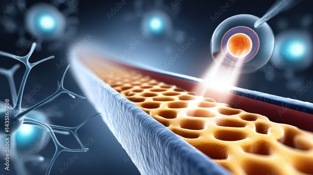 Poster a close-up view of a cellular structure, illustrating microscopic processes involving cells and neur