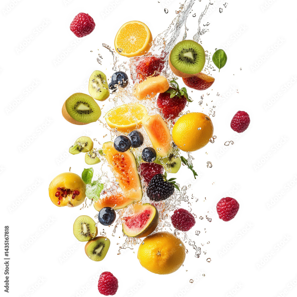 Poster a vibrant splash of various fruits. including kiwis. oranges. blueberries. and raspberries. artistic