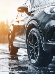 Naklejka premium Sleek black car glistening with raindrops after a refreshing rain showcasing automotive design and modern transportation with a moody and reflective atmosphere at sunset