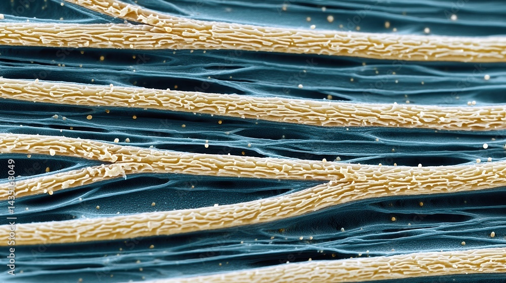 Poster a close-up view of microscopic fibers, featuring intricate textures and colors, highlighting their u