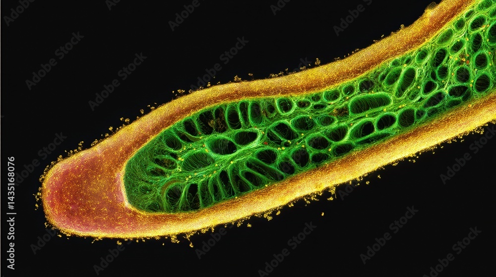 Poster a colorful microscopic view of a plant structure, showcasing intricate cellular patterns and vibrant