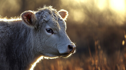 Fototapeta premium A solitary dairy cow with textured fur, bathed in gentle light, embodying rustic serenity.
