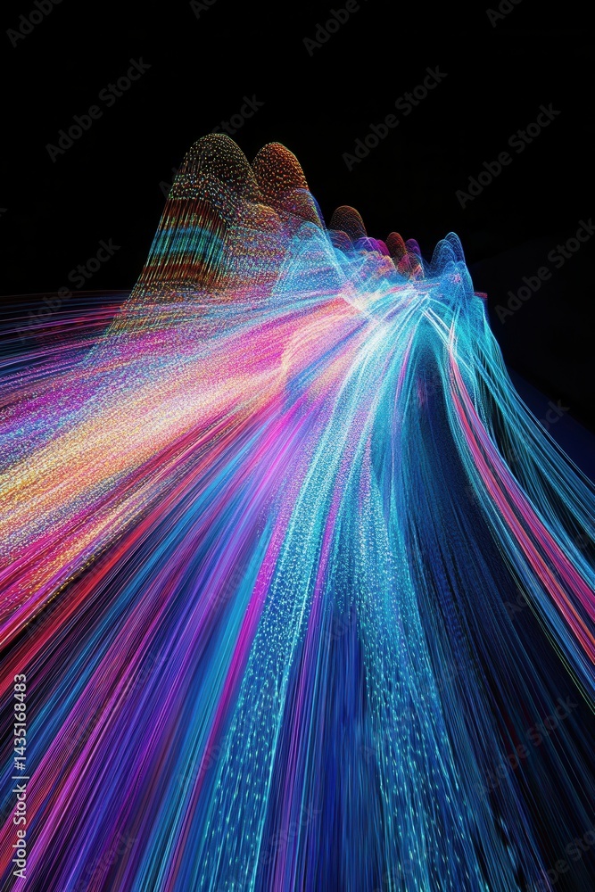 Poster abstract light trails forming mountain peaks against a black background creating a futuristic and dy