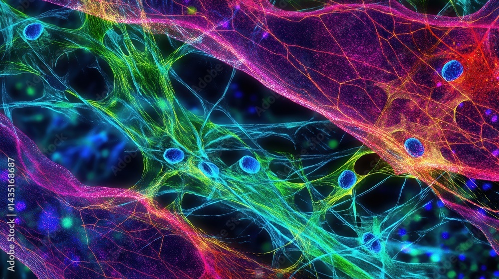Aufkleber a vibrant, microscopic view of interconnected neural cells showcasing colorful fibers and nuclei, il