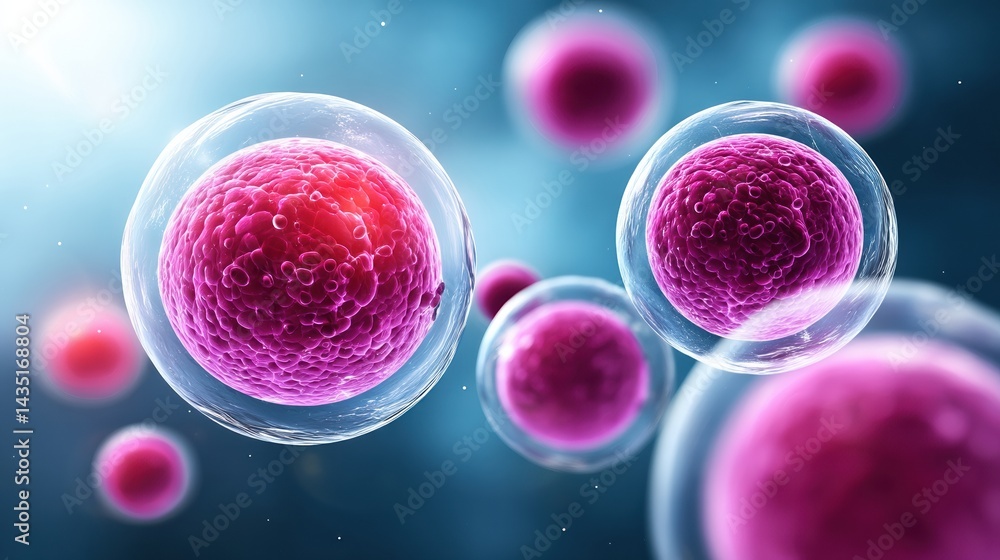 Poster a vivid depiction of colorful cells under a microscope, showcasing their intricate structures and vi