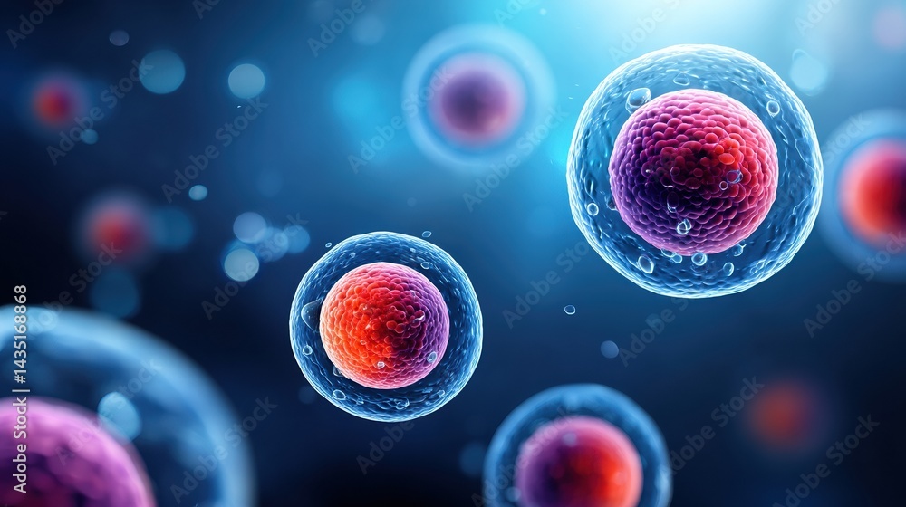 Poster a visually striking depiction of colorful cells under a microscope, illustrating the complexity and 