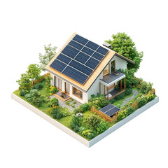 a modern house featuring solar panels. surrounded by a lush garden with various plants and flowers. emphasizing sustainability and eco-friendly living the design showcases a harmonious blend of archit