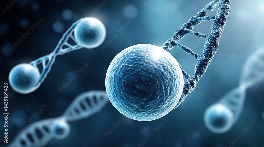 Poster a close-up of dna strands and a cell, illustrating the intricate structure of genetic material and c
