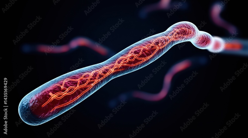 Poster a vibrant, digital representation of a sperm cell, showcasing its distinct shape and intricate inter