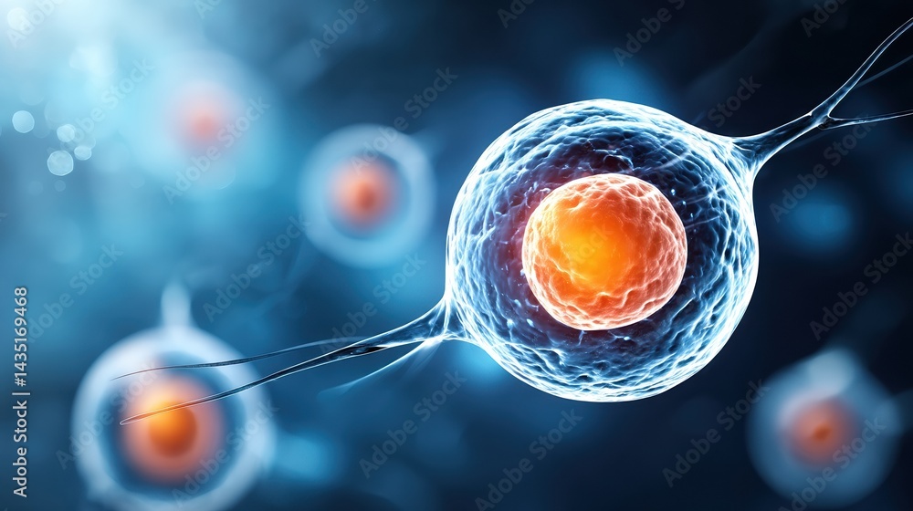 Poster a detailed image of a cell, showcasing its structure with a prominent nucleus, set against a blurred