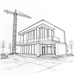 Fototapeta premium Architectural sketch of a modern house design with a construction crane nearby showing a contemporary home blueprint.