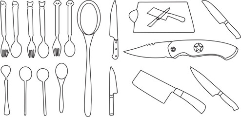 line drawing of knife, spoon. Knife linear icon. One line drawing background. Vector illustration.