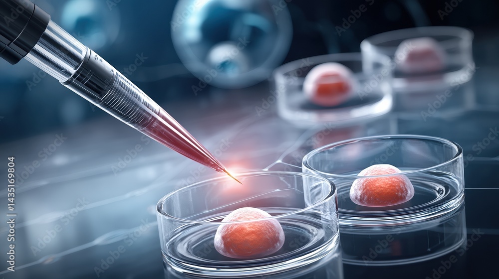 Poster a high-tech scene depicting a precision tool injecting into petri dishes containing biological sampl