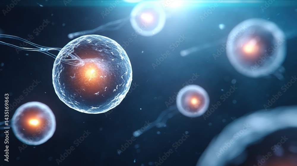 Poster a visually striking depiction of cells in a microscopic view, showcasing their intricate structures 
