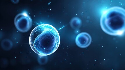 Naklejka premium An abstract depiction of glowing blue cells against a dark background, suggesting a theme of biology or microscopic life.