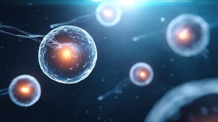 Fototapeta premium A visually striking depiction of cells in a microscopic view, showcasing their intricate structures and vibrant energy sources.