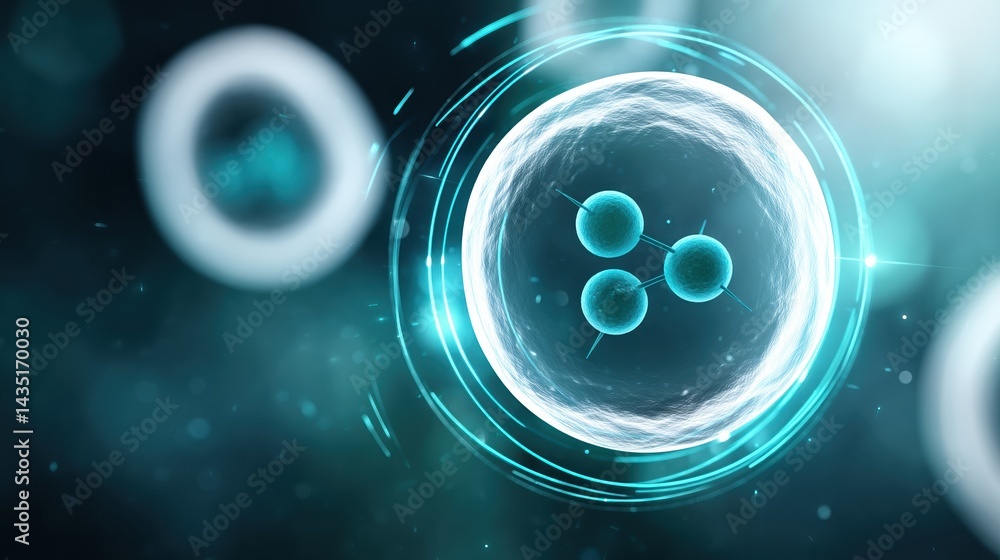 Poster a close-up view of a stylized cell with nuclei, showcasing a futuristic blue and teal aesthetic, hig