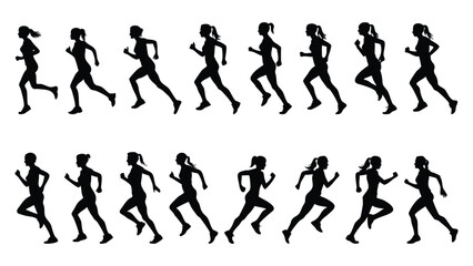 Vector silhouettes of women and girls in sport show black outline illustration of running people, a marathon runner, and a soccer player in action