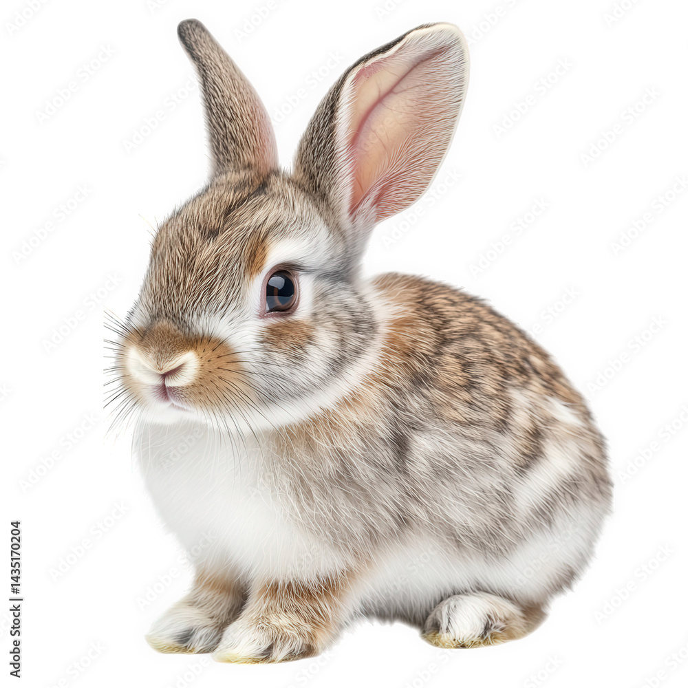 Poster cute. fluffy rabbit with soft fur and large ears. sitting in a relaxed pose against a plain white ba