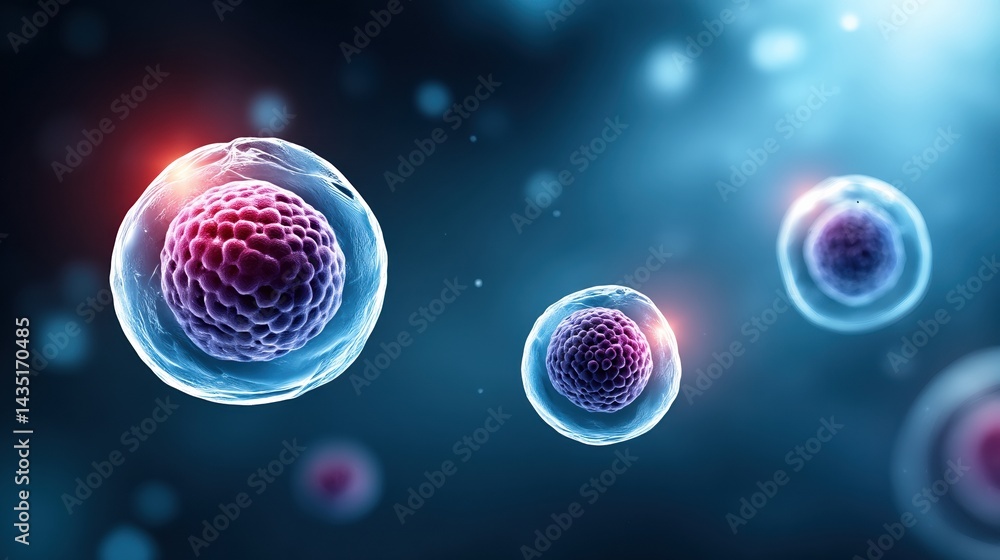 Poster a vibrant microscopic view of cells, showcasing their intricate structures and colors against a blur