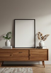 Framed Blank Art Print Leaning on Wood Cabinet with Vases