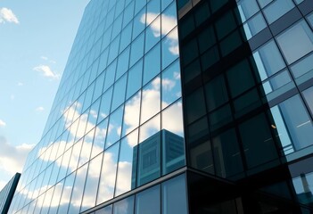 Obraz premium Sleek glass and metal modern building exterior reflecting sky, commercial, reflection