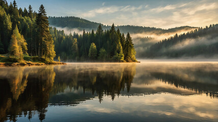 Fototapeta premium A calm lake among mountains and forests with beautiful reflections at sunrise or sunset.