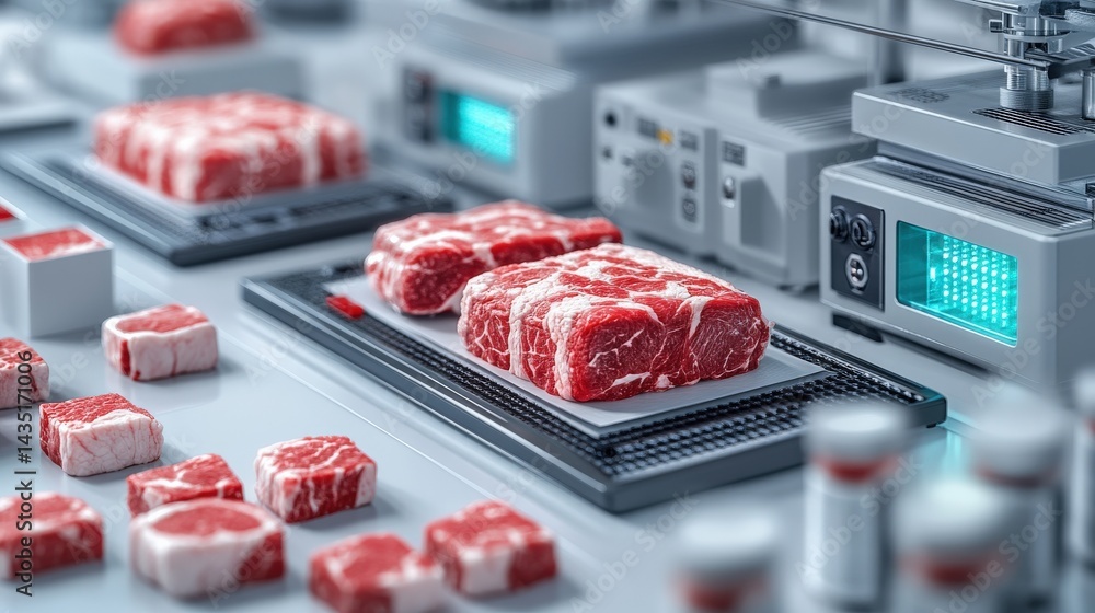 Poster close-up view of various cuts of raw meat displayed on a modern processing table in a kitchen